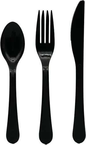 Miniatura 9 de Party Essentials - Paquete combinado de cubiertos de plástico extra resistentes, tamaño completo, cuchillos/tenedores/cucharas, negro, juego para 8