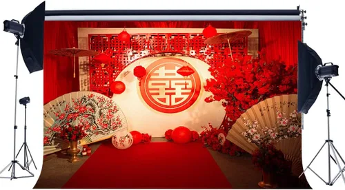 Miniatura 4 de Telón de fondo de boda chino para fotografía, 5 x 3 pies, estilo chino, decoración de boda, telón de fondo rojo para niñas, fiesta de boda