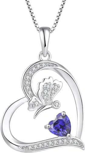 FJ Collar de mariposa de corazón de plata con piedra natal de 12 colores para mujeres y niñas, Circonia cúbica