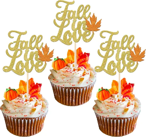 Rsstarxi Paquete de 24 adornos para cupcakes con hojas de otoño, día de Acción de Gracias, palillos de dientes, despedida de soltera, decoración de
