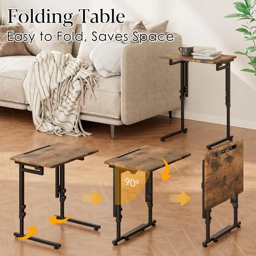 Miniatura 5 de Adjustable Folding TV Tray Table,TV Dinner Small Foldable C-Shaped End Table for Eating,6 Height Adjustable Slide Under Couch Side with Sturdy MDF