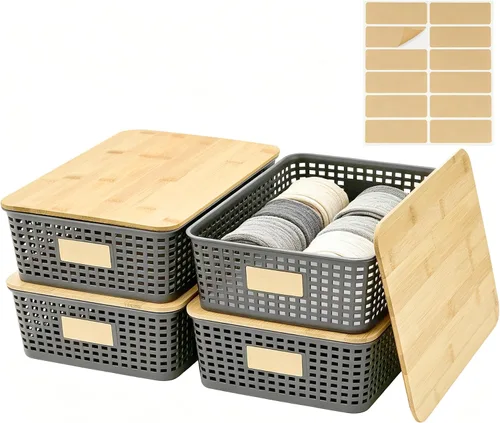 Miniatura 14 de Bagnizer Contenedores pequeños de plástico con tapas de bambú de 5.2 cuartos de galón, cesta apilable para despensa, contenedores decorativos lindos