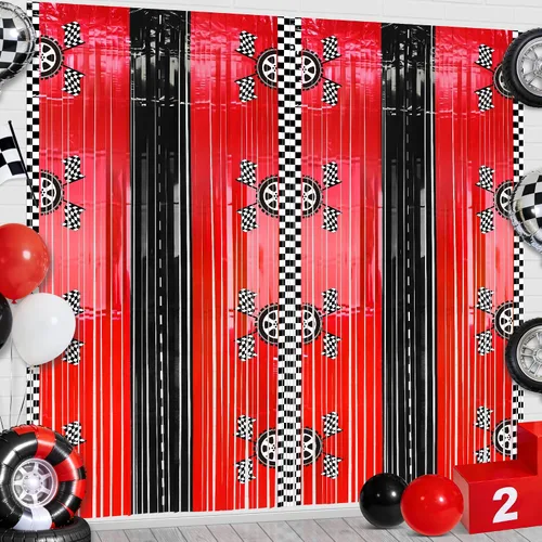 2 cortinas de fondo de aluminio con flecos de automóvil de carreras, decoración de fiesta de cumpleaños de coche de carreras, fondo de fotos negro,