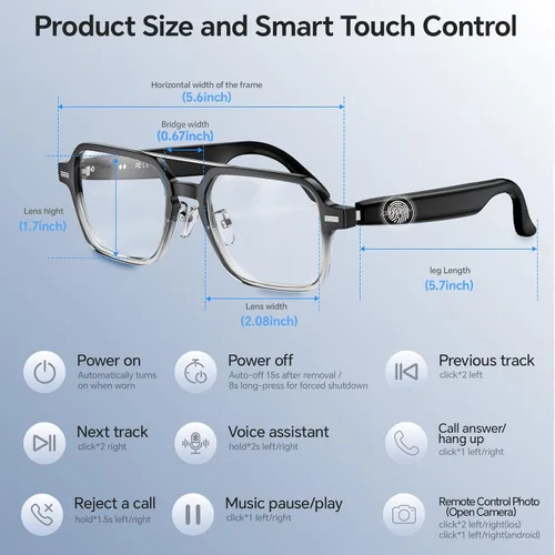 Miniatura 8 de Lentes inteligentes de aviador para hombres y mujeres, gafas Bluetooth de audio, encendido y apagado de inducción, control táctil, lente