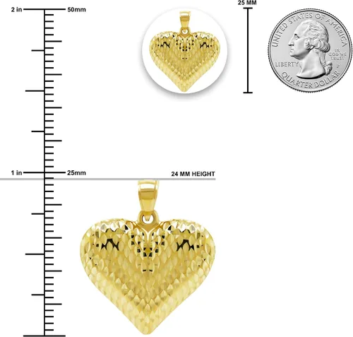 Miniatura 10 de Charm America - Dije de corazón inflado de oro - Oro de 14/10 quilates - Colgante de corte diamante pulido - Joyas 3D - Ideal para regalos