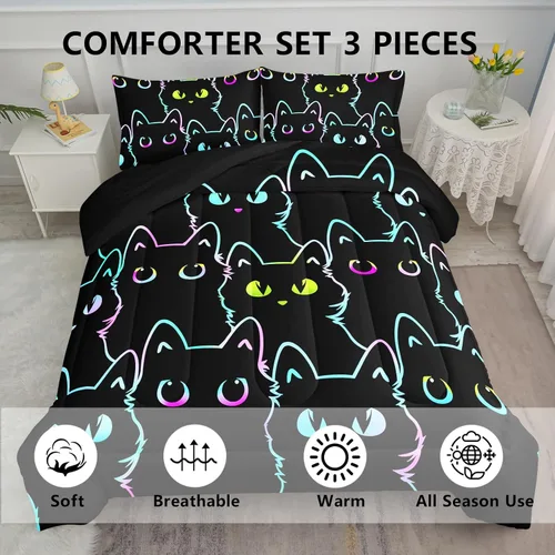 Miniatura 3 de Axolotl - Juego de ropa de cama para niños con diseño de gatos de dibujos animados tamaño individual, juego de edredón con líneas degradadas y lindo