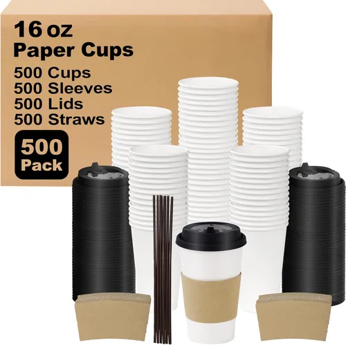 Miniatura 44 de Paquete de 100 tazas de café desechables de pared ondulada corrugada de 16 onzas con tapas y pajitas, tazas aisladas resistentes para bebidas