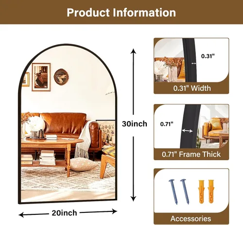 Miniatura 4 de XRAMFY Espejo arqueado de baño negro de 20"x30" - Espejo de pared para baño, espejo de tocador con marco de metal, espejo para cómoda, espejos
