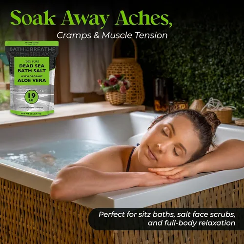 Miniatura 3 de Aromasong Sal orgánica del mar muerto de aloe vera de 19 libras + baño de recuperación muscular paquete de 3 libras – Hidratación calmante