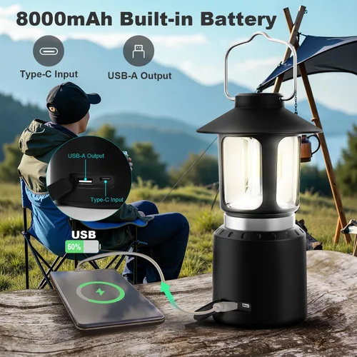 Miniatura 5 de Linterna LED telescópica para campamento, 8000 mAh, funciona con pilas, luces de campamento vintage, 3 modos de luz, luces de tienda de campaña