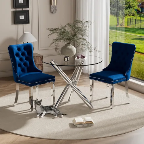 Miniatura 72 de Juego pequeño de mesa redonda con tapa de vidrio transparente para 2, 36'' Juego moderno de lujo para cenas circulares, 3 piezas Juego minimalista