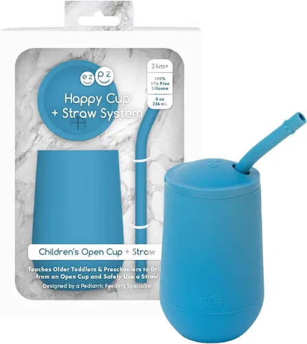 Miniatura 2 de ezpz Happy Cup + sistema de popote (azul) - 24 meses + - Taza 100% de silicona + popote para niños mayores + preescolares - Diseñado por un