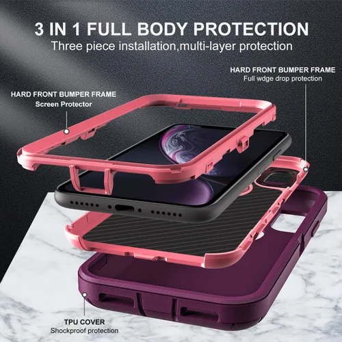 Miniatura 4 de YKHJKLEC Funda para iPhone XR, Grado Militar 3 en 1 Resistente de Servicio Pesado/A Prueba de Golpes/A Prueba de Caídas/A Prueba de Polvo con 2