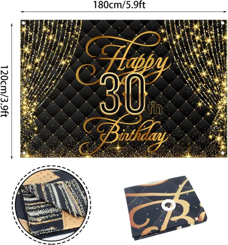 Miniatura 2 de Cartel de feliz cumpleaños 30 años, decoración de cortina real, fondo negro y dorado, cumpleaños de 30 años para mujeres y hombres, suministros