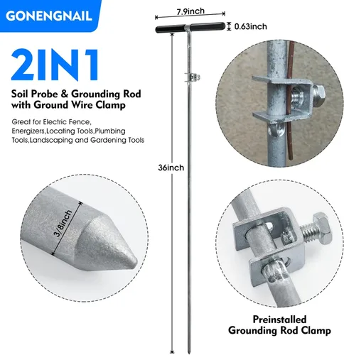 Miniatura 2 de Sonda de suelo 2 en 1 y varilla de tierra con abrazadera de alambre de tierra, ideal para valla eléctrica, energizadores, herramientas