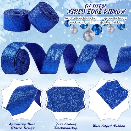 Miniatura 3 de 2 Rollos 20 Yardas Cinta de Navidad con Alambre Cinta Gruesa con Purpurina Cinta Metálica con Alambre para Envolver Regalos Cinta de Árbol