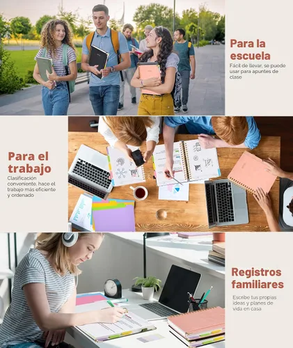 Miniatura 7 de Diario en espiral con tapas duras y pestañas de divisores removibles, 300 páginas de cuero, cuaderno de 5 divisiones con reglas para la universidad