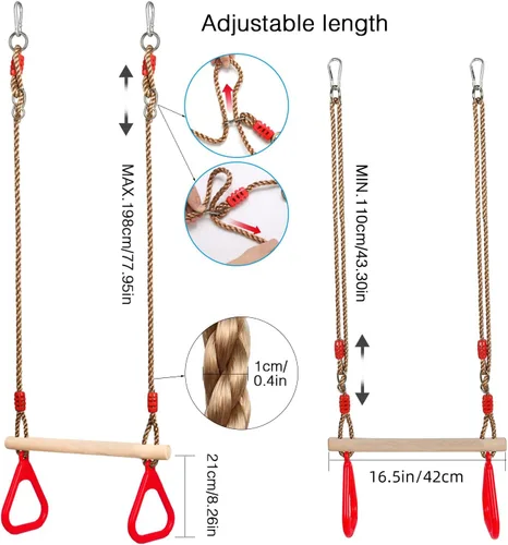 Miniatura 5 de PELLOR - Barra de trapecio de madera para juegos infantiles con anillos de gimnasio de plástico, juego de columpio para diversión en interiores