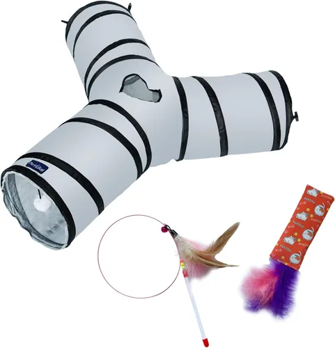 PetLike Túnel para gatos (con juguete interactivo para gatos y juguete de hierba gatera) para gatos de interior, tubo plegable para mascotas, gris