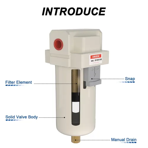 Miniatura 3 de AIRZOE 1/2" NPT Secador de Aire para Compresor - Separador de Agua del Compresor de Aire AF4000-04, Drenaje Manual, Elemento de Latón de 5 Micrones