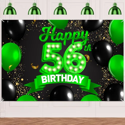 Miniatura 35 de Cartel de feliz cumpleaños 26 verde y negro, telón de fondo con texto en inglés "Cheers to 26 years old confeti", globos de confeti, decoración