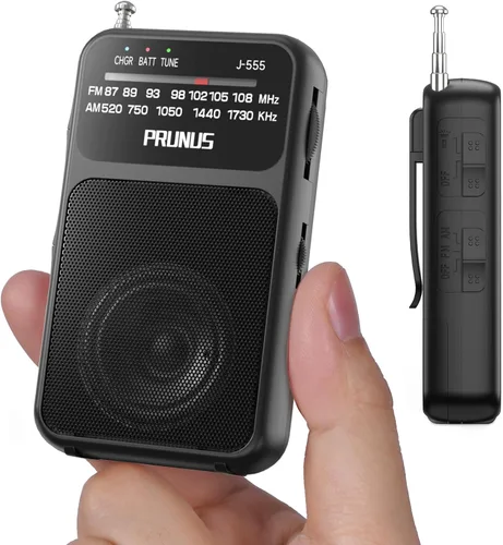 PRUNUS J-555 - Radio de Bolsillo AM FM con Carga USB-C y Batería, Excelente Recepción y Altavoz Claro con Conector para Auriculares, Clip Posterior,