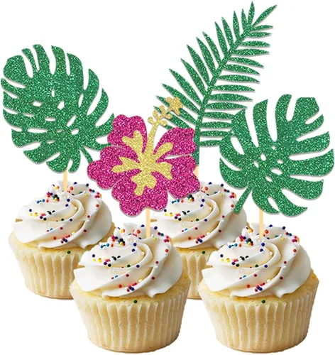 Miniatura 8 de 24 adornos tropicales con purpurina para cupcakes, hojas de palmera tropicales, decoraciones de Aloha para verano, temática hawaiana, baby shower
