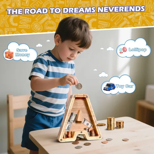 Miniatura 2 de Alcancía de Madera Personalizada con Letras del Alfabeto, Banco de Monedas con Letras del Alfabeto para Niños, Niñas y Bebés, Tamaño Grande, 26