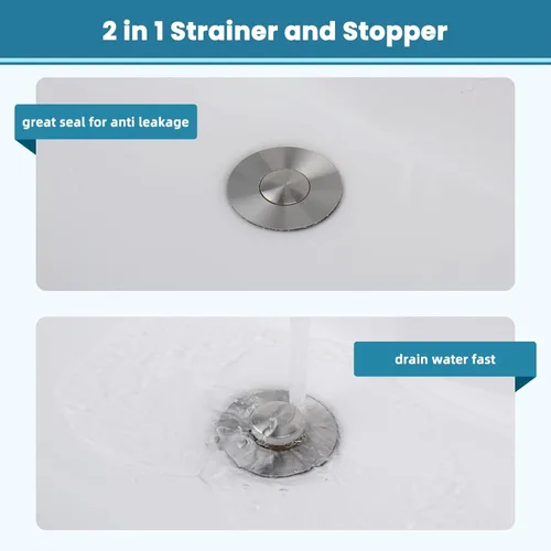 Miniatura 5 de Tapón universal 2 en 1 para lavabo de baño, colador emergente totalmente metálico con cesta de filtro antiobstrucción, para orificios de drenaje