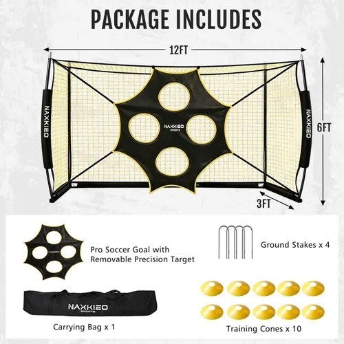 Miniatura 6 de Portería de fútbol, portería de fútbol de 12 x 6 pies para patio trasero, objetivo de precisión y conos de entrenamiento incluidos, base de metal