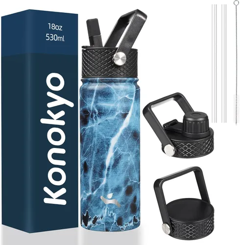 Miniatura 41 de Konokyo - Botella de agua aislada de 18 onzas, botellas deportivas de acero inoxidable con 3 tapas, verde militar