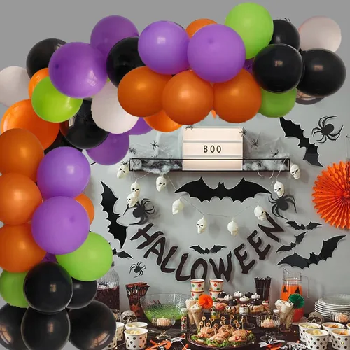 Miniatura 6 de Globos de Halloween con cinta, paquete de 100 globos de 12 pulgadas, negro, naranja, blanco, morado, verde, para decoraciones de fiesta de Halloween