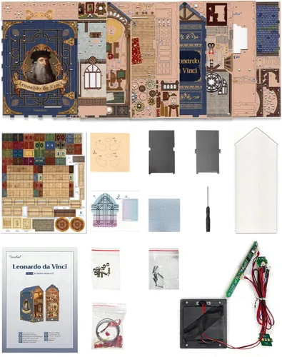 Miniatura 8 de Tonecheer Kit de rincón de libros para adultos, rompecabezas 3D de madera, kit de casa en miniatura, estante de libros para casa de muñecas, soporte