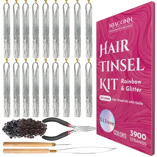 Miniatura 9 de NIACONN Kit de extensiones de oropel con purpurina de 18 colores con herramientas y cuentas, 48 pulgadas, mechones de tracción brillantes de hadas
