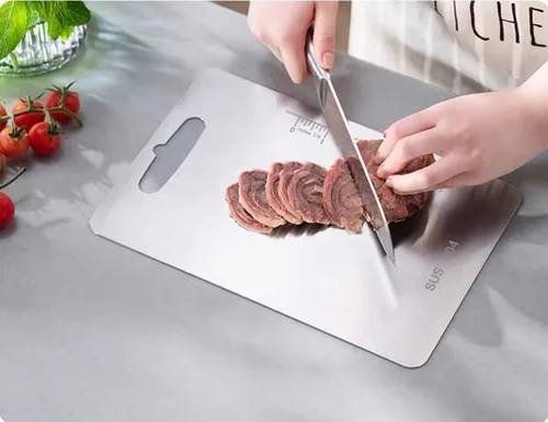 Miniatura 4 de Tabla de cortar de acero inoxidable SUS 304 (14.2 x 9.8 pulgadas y 11.24 x 7.87 pulgadas) para cocina, tabla de cortar SUS 304 para carne, frutas