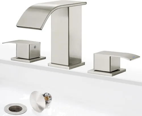Miniatura 12 de Grifo de baño de cascada de oro cepillado de 8 pulgadas, grifos de baño para fregadero de 3 agujeros, grifo de lavabo de baño generalizado 2 asas