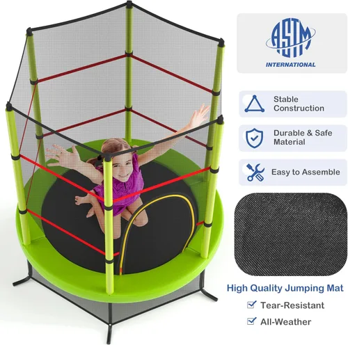 Miniatura 6 de Giantex - Trampolín infantil de 55”, con red de seguridad y almohadilla de resorte, marco de acero resistente con cremallera integrada, Verde