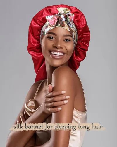Miniatura 7 de Gorro largo de satén para trenzas, capó de seda para dormir, banda elástica para mujeres negras, cabello rizado Borgoña