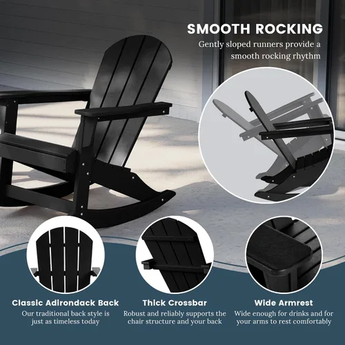 Miniatura 6 de HDPE Laguna Silla mecedora Adirondack de polietileno para exteriores (juego de 2), color negro