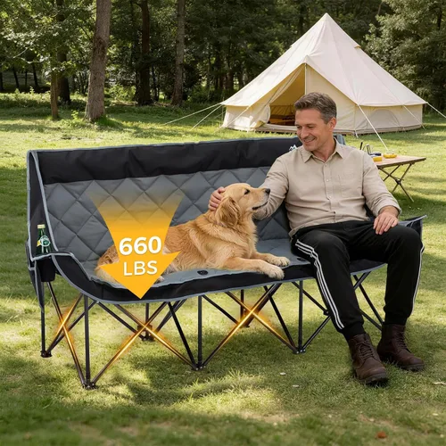 Miniatura 4 de Silla de campamento acolchada para 3 personas, sofá de campamento de gran tamaño, silla de campamento doble plegable resistente, sofá de dos plazas