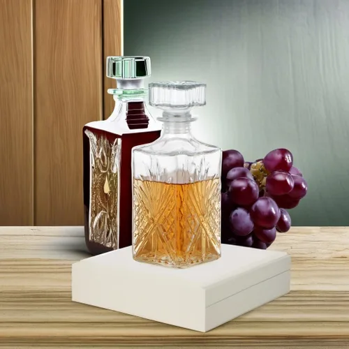 Miniatura 5 de MDLUU Decantador de vidrio con tapón hermético, botella de licor de 25.3 onzas líquidas para vino, whisky, brandy, vodka (flor grabada)