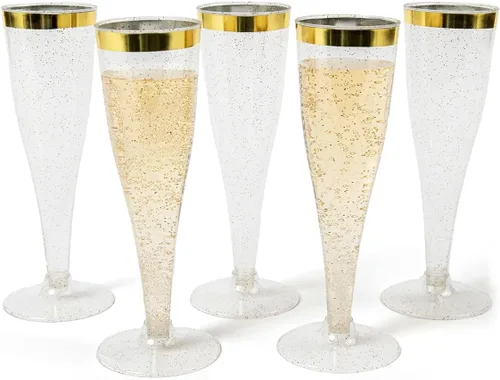 Miniatura 19 de Prestee 48 Copas de Champán de Plástico Desechables con Borde Dorado con Purpurina - Vasos Transparentes para Brindis de Mimosa, Fiesta de Año Nuevo