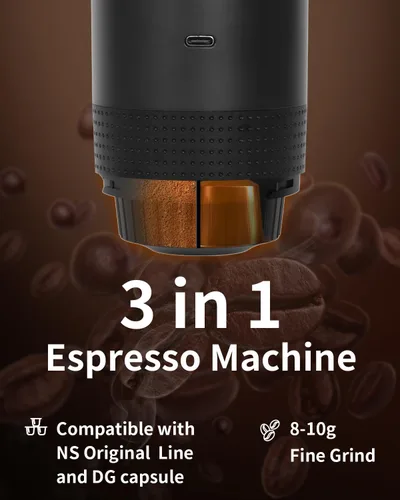 Miniatura 3 de Cafetera eléctrica portátil de espresso, cafetera de viaje compatible con café molido y cápsulas NS (Negro con pantalla LCD)