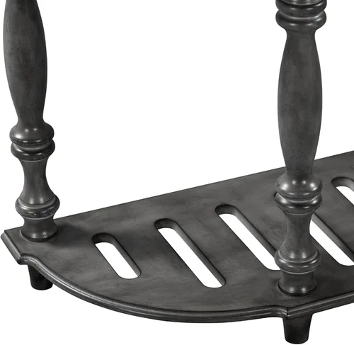 Miniatura 7 de LUMISOL Mesa de sofá estrecha con diseño curvo circular retro, mesa de consola con 4 cajones de almacenamiento y estante abierto, gris retro Gris