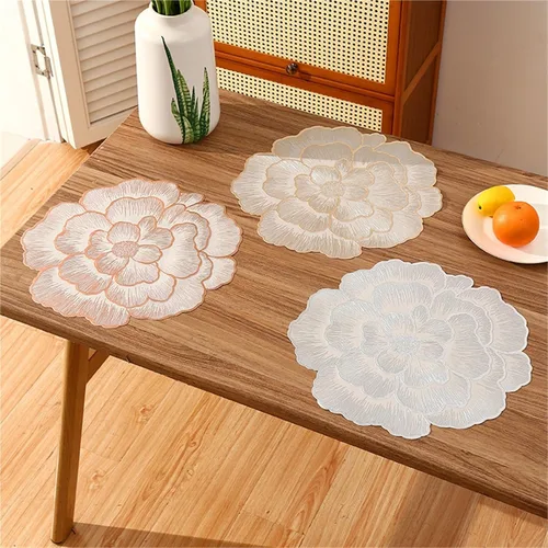 Miniatura 4 de Juego de 6 manteles individuales redondos de PVC con diseño de flores, manteles individuales huecos para mesa de comedor, manteles individuales