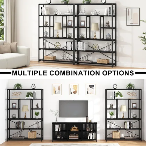 Miniatura 5 de LVB - Estantería alta de 6 niveles en negro, moderna y amplia estantería de almacenamiento, estante de madera y metal industrial de 6 estantes