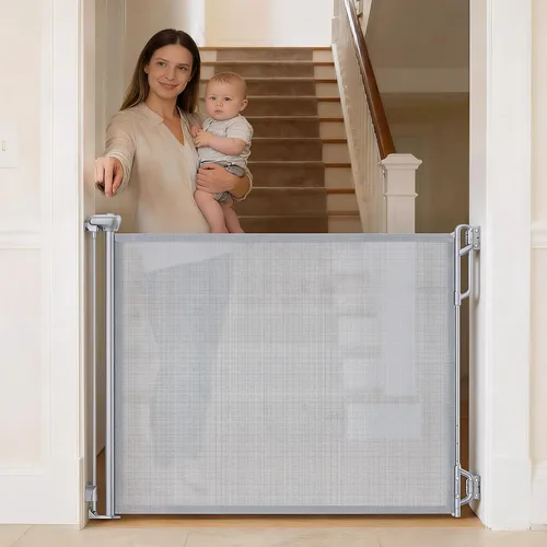 Miniatura 11 de SPACEANY Puerta retráctil de seguridad para bebés o puerta de malla para perros, puerta retráctil de malla portátil duradera, fácil de usar