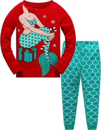 Miniatura 17 de Popshion Pijamas de sirena para niñas pequeñas, juego de 2 piezas, ropa de dormir 100% algodón, ropa para niños, pijamas estilo mariquita
