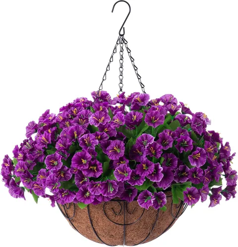 Miniatura 13 de Flores colgantes artificiales con cesta para exteriores, petunias sintéticas, plantas colgantes falsas con eucalipto, resistentes a los rayos UV