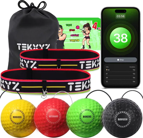 TEKXYZ Reflex Ball Family Pack con aplicación de contador | Comunidad en línea para pelota de boxeo, ideal para coordinación, perforación, alivio